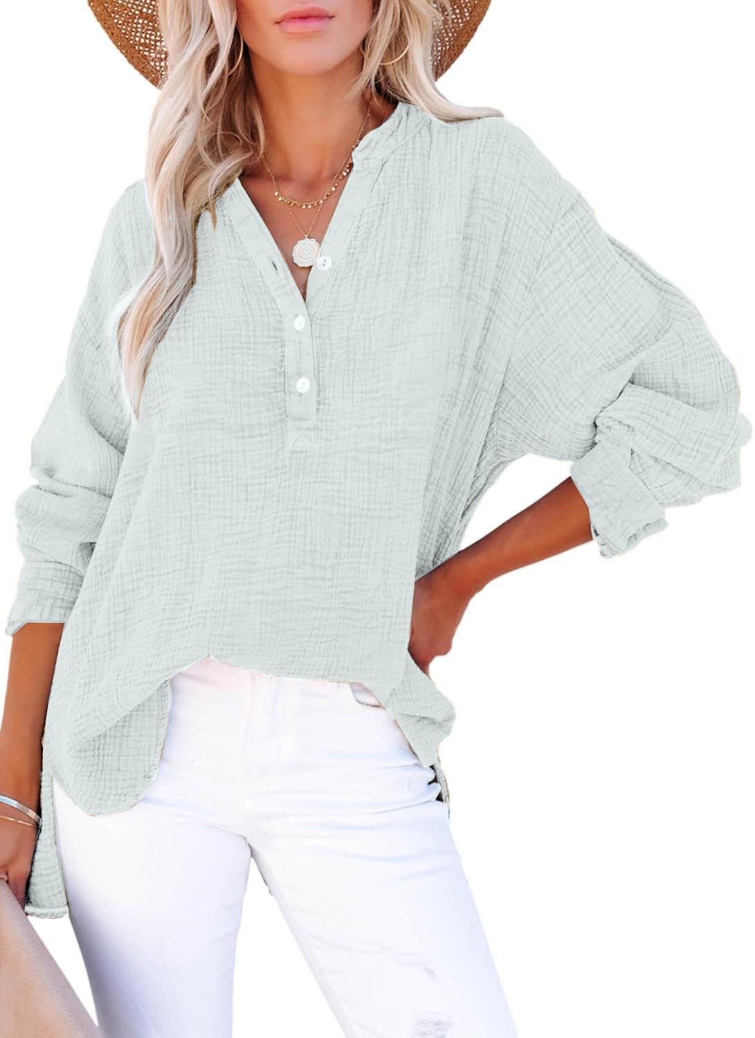 Limited time sale🔥Womens Casual Gauze Button Neck Long Sleeve Oversized BlousesTops