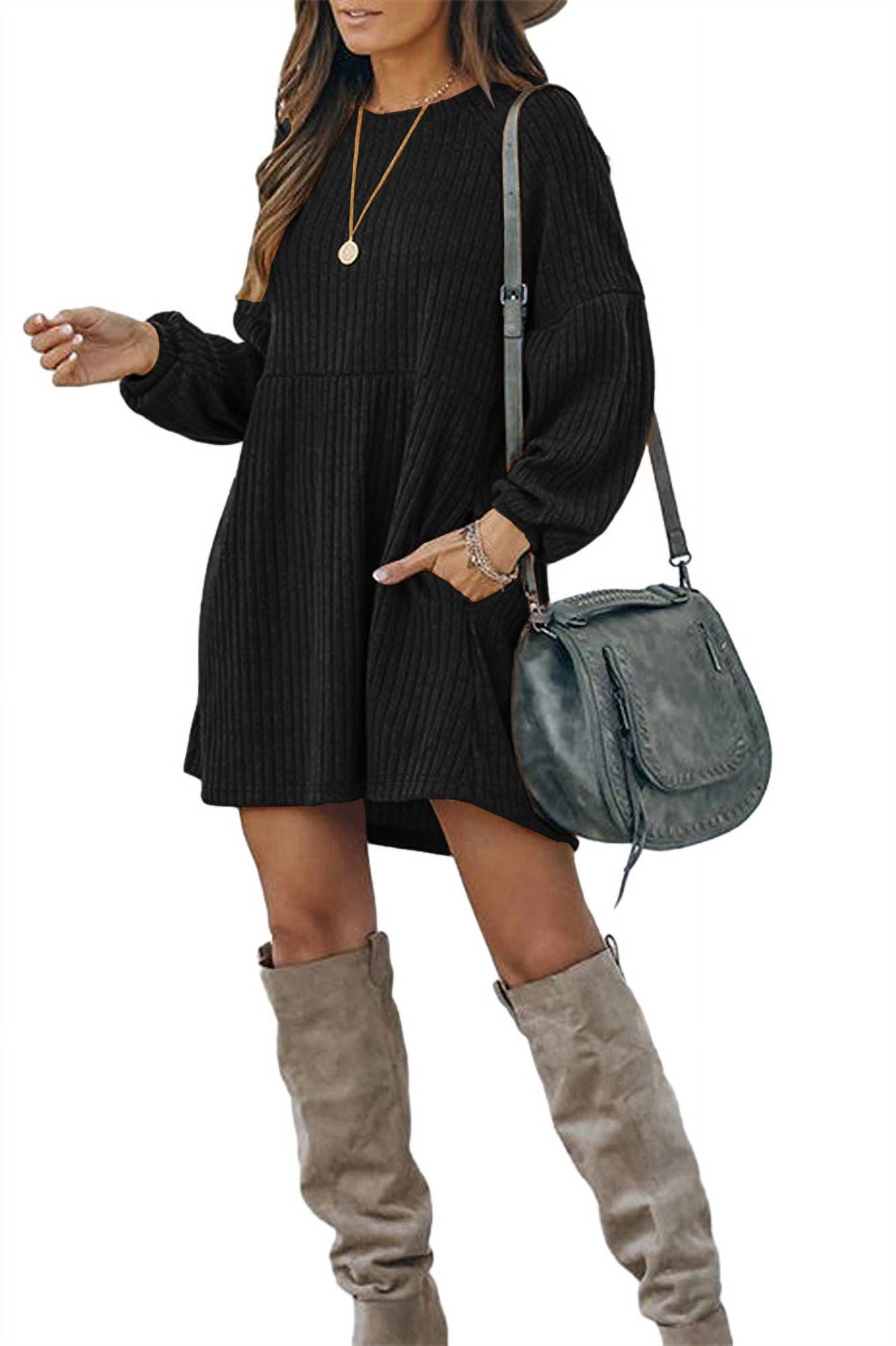 ✨Minimalist Chic Plain Textured Ribbed Pocket Bishop Sleeve Crewneck Dress