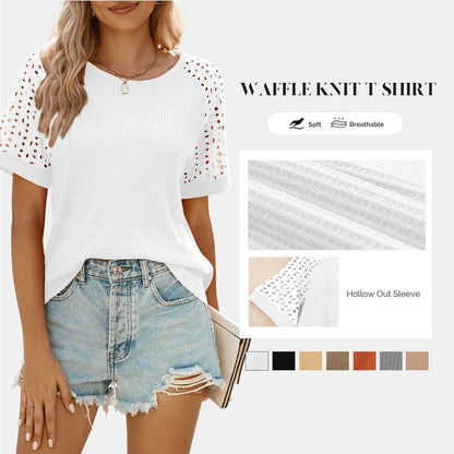 ✨Women Casual Round Neck Waffle Grid Patchwork Hollow Out Embroidered T-Shirt
