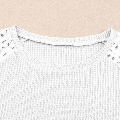 ✨Women Casual Round Neck Waffle Grid Patchwork Hollow Out Embroidered T-Shirt