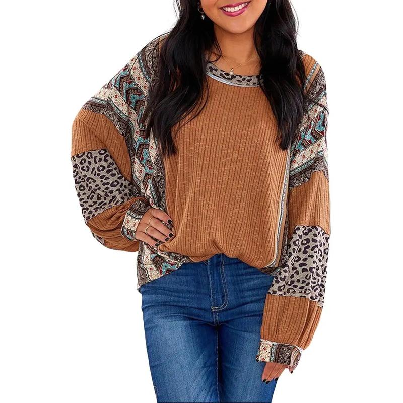 Limited time sale🔥Womens Loose fit Long Sleeve Oversized Retro Leopard Contrast Patchwork Top