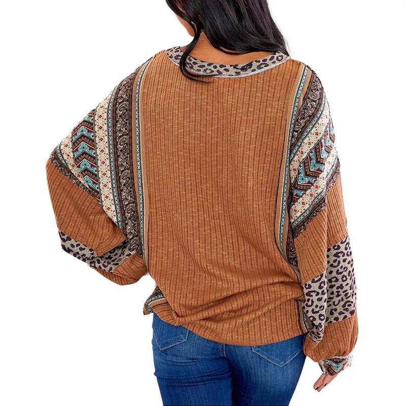 Limited time sale🔥Womens Loose fit Long Sleeve Oversized Retro Leopard Contrast Patchwork Top