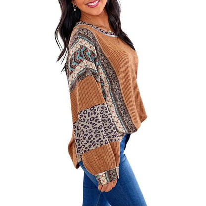 Limited time sale🔥Womens Loose fit Long Sleeve Oversized Retro Leopard Contrast Patchwork Top