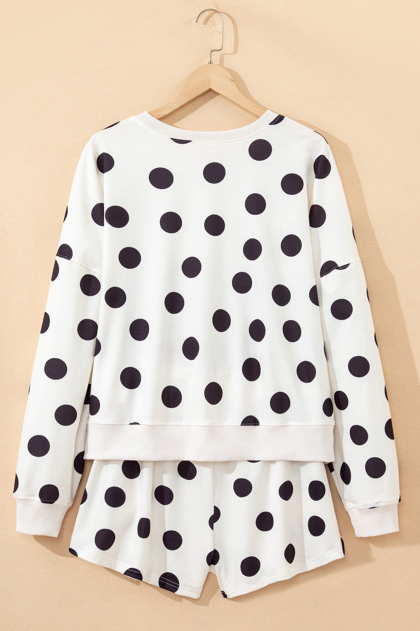 ✨Polka Dot Print Drop Shoulder Pullover Drawstring Shorts Set