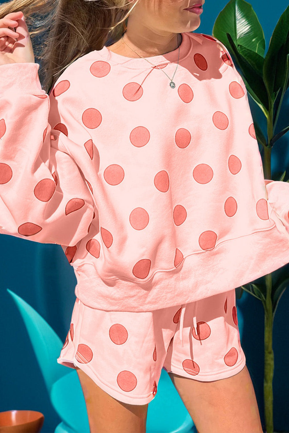 Women's Polka Dot Drop Shoulder Loungewear Set