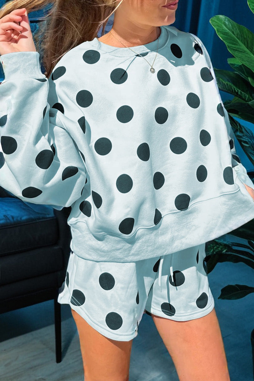 Women's Polka Dot Drop Shoulder Loungewear Set