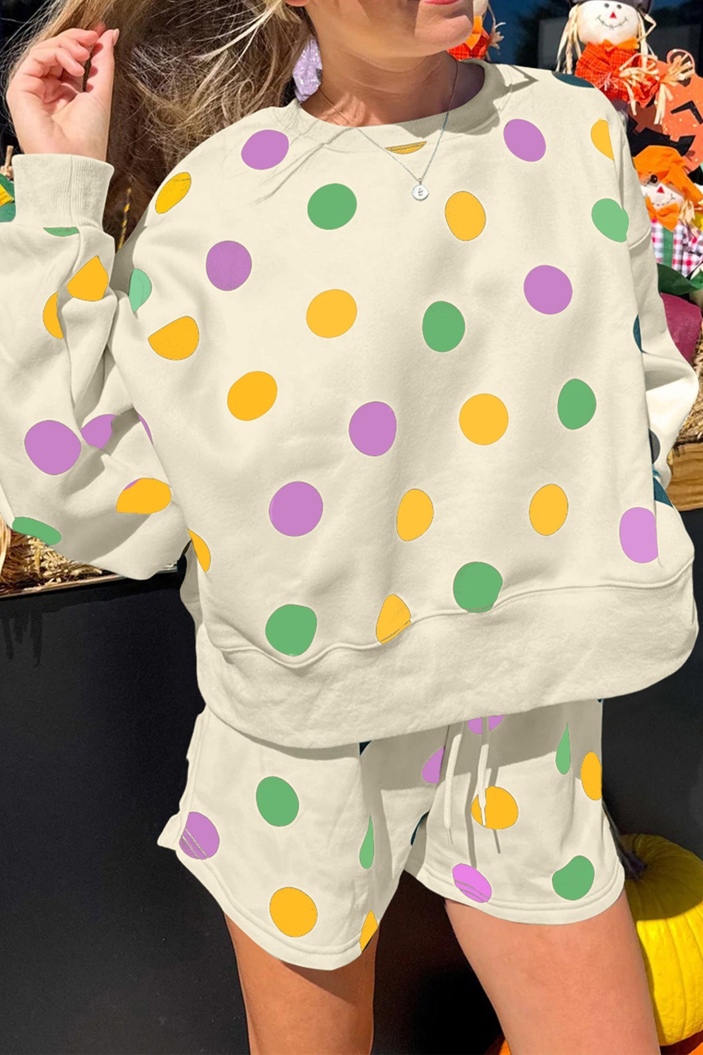 Women's Polka Dot Drop Shoulder Loungewear Set
