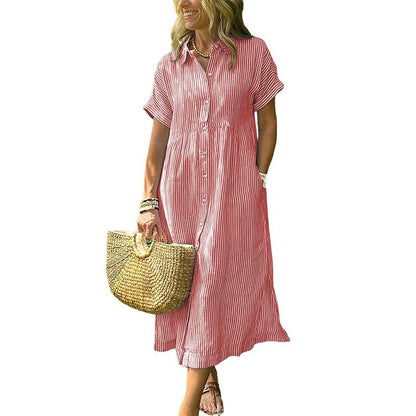 Limited time sale🔥Women's Loose Midi Striped Shirt Dress Bohemian Side Slit Dress with Pockets