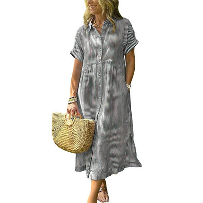 Limited time sale🔥Women's Loose Midi Striped Shirt Dress Bohemian Side Slit Dress with Pockets