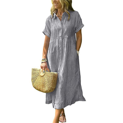 Limited time sale🔥Women's Loose Midi Striped Shirt Dress Bohemian Side Slit Dress with Pockets