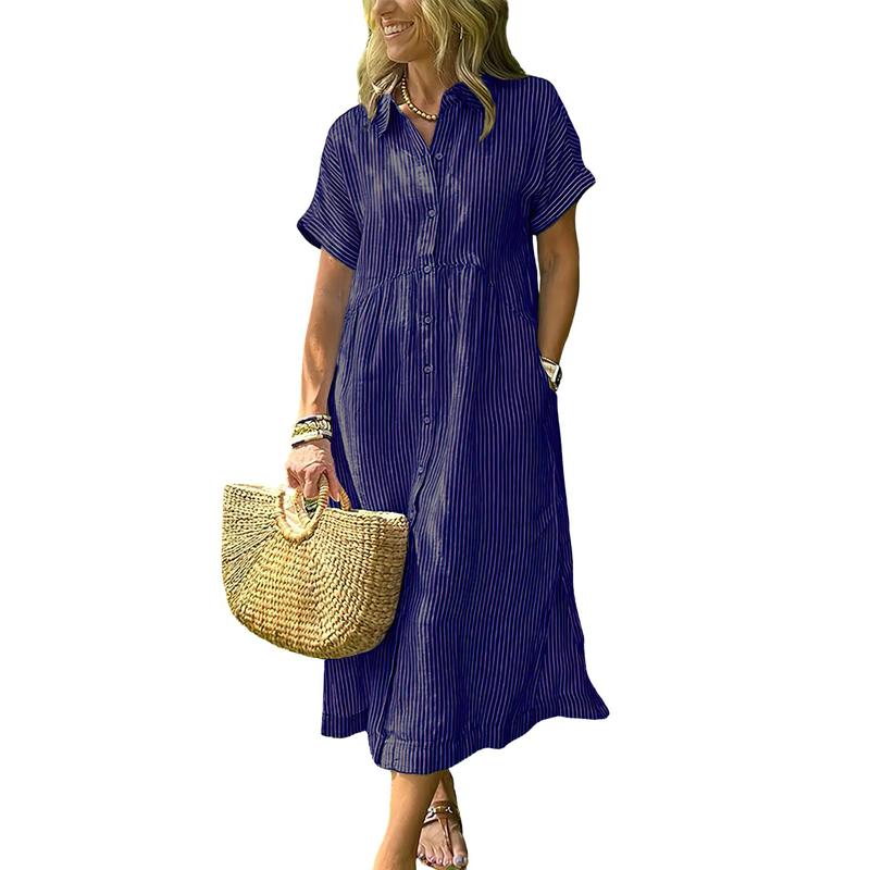 Limited time sale🔥Women's Loose Midi Striped Shirt Dress Bohemian Side Slit Dress with Pockets