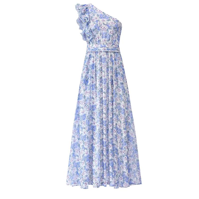 Women Summer One Shoulder Floral Beach Vacation Maxi Dress