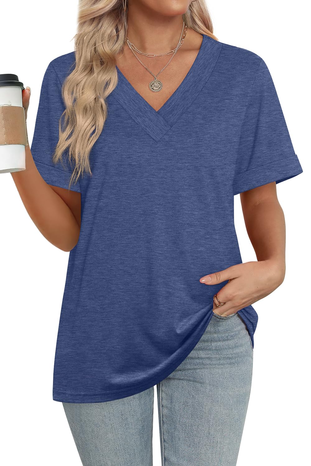 Women's Summer Tops Short Sleeve Basic Casual V Neck T Shirts