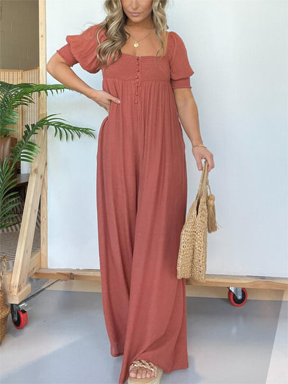 Hot Sale 2024 New Square Neckline Jumpsuit with Smocked Bodice Button (Buy 2 Free Shipping)