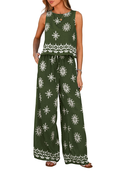 Women's Boho Floral Tank Tops Flowy Wide Peg Pants 2-Piece Sets