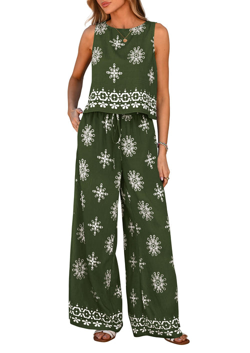 Women's Boho Floral Tank Tops Flowy Wide Peg Pants 2-Piece Sets