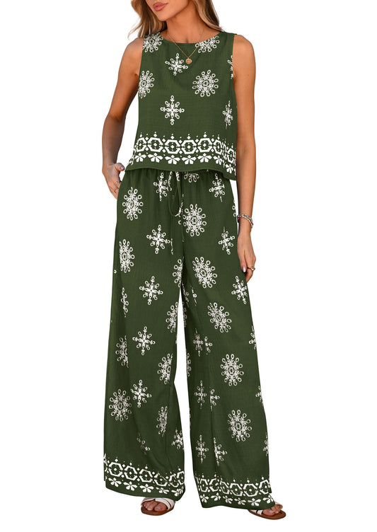 Women's Boho Floral Tank Tops Flowy Wide Peg Pants 2-Piece Sets