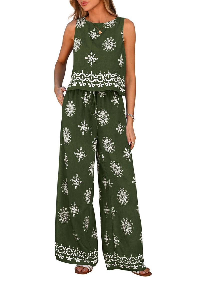 Women's Boho Floral Tank Tops Flowy Wide Peg Pants 2-Piece Sets