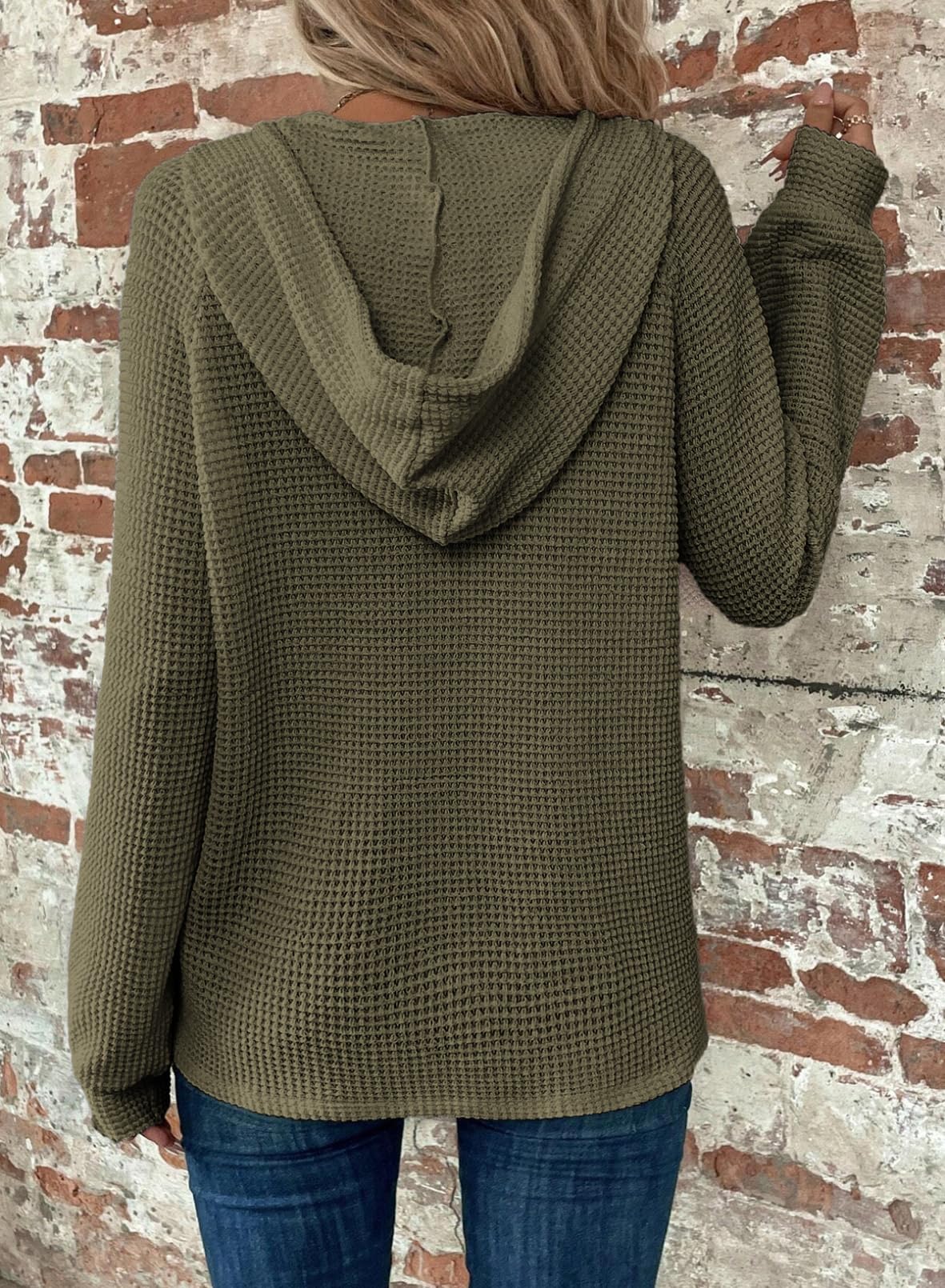 Women's Waffle Knit Drawstring Button V Neck Hooded Sweatshirt(buy 2 free shipping)