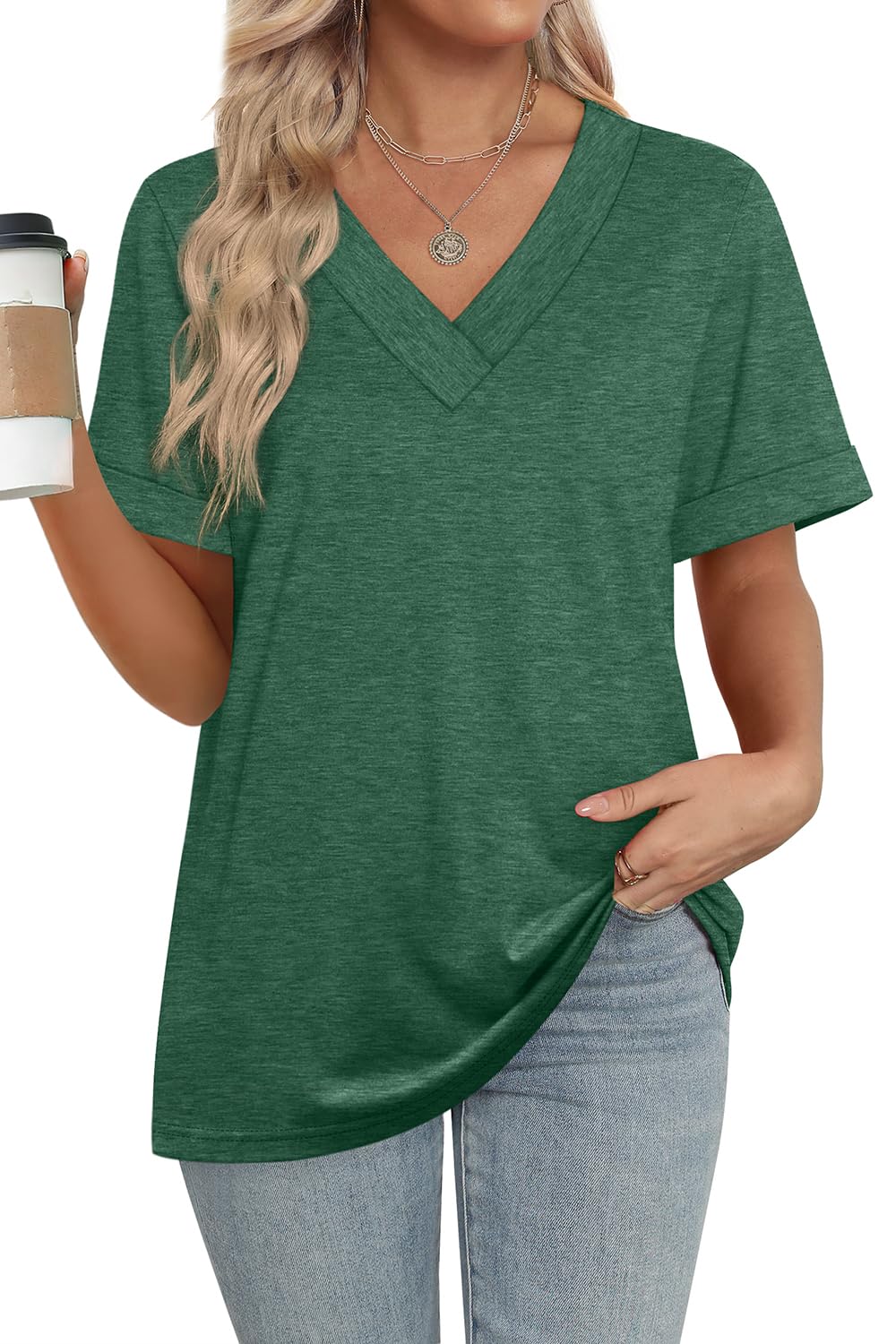 Women's Summer Tops Short Sleeve Basic Casual V Neck T Shirts