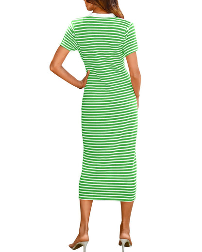 Women Casual  Dresses Short Sleeve Striped Midi Dresses(Buy 2 Free Shipping)