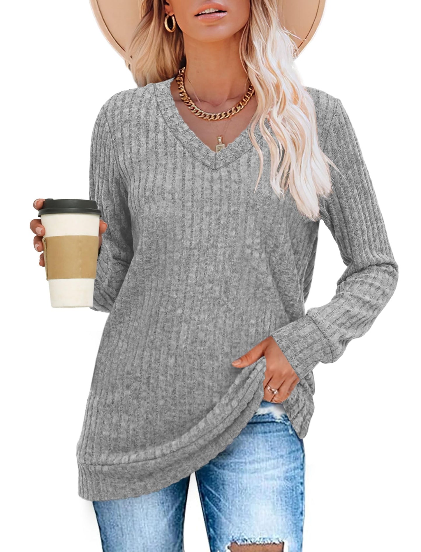✨Women's Casual V Neck Lightweight Tunic Sweateshirt