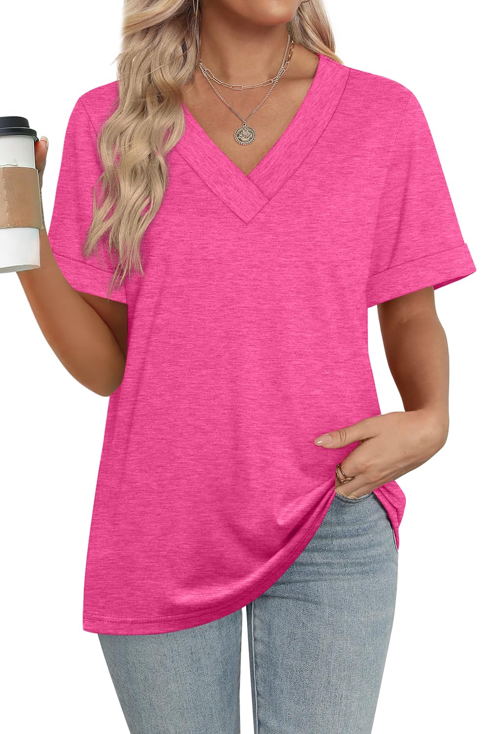 Women's Summer Tops Short Sleeve Basic Casual V Neck T Shirts