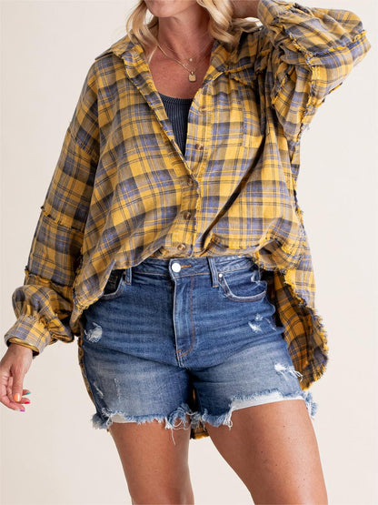 2024 Women's Mineral Washed Button Down Plaid Shirt with Pockets (Buy 2 Free Shipping)