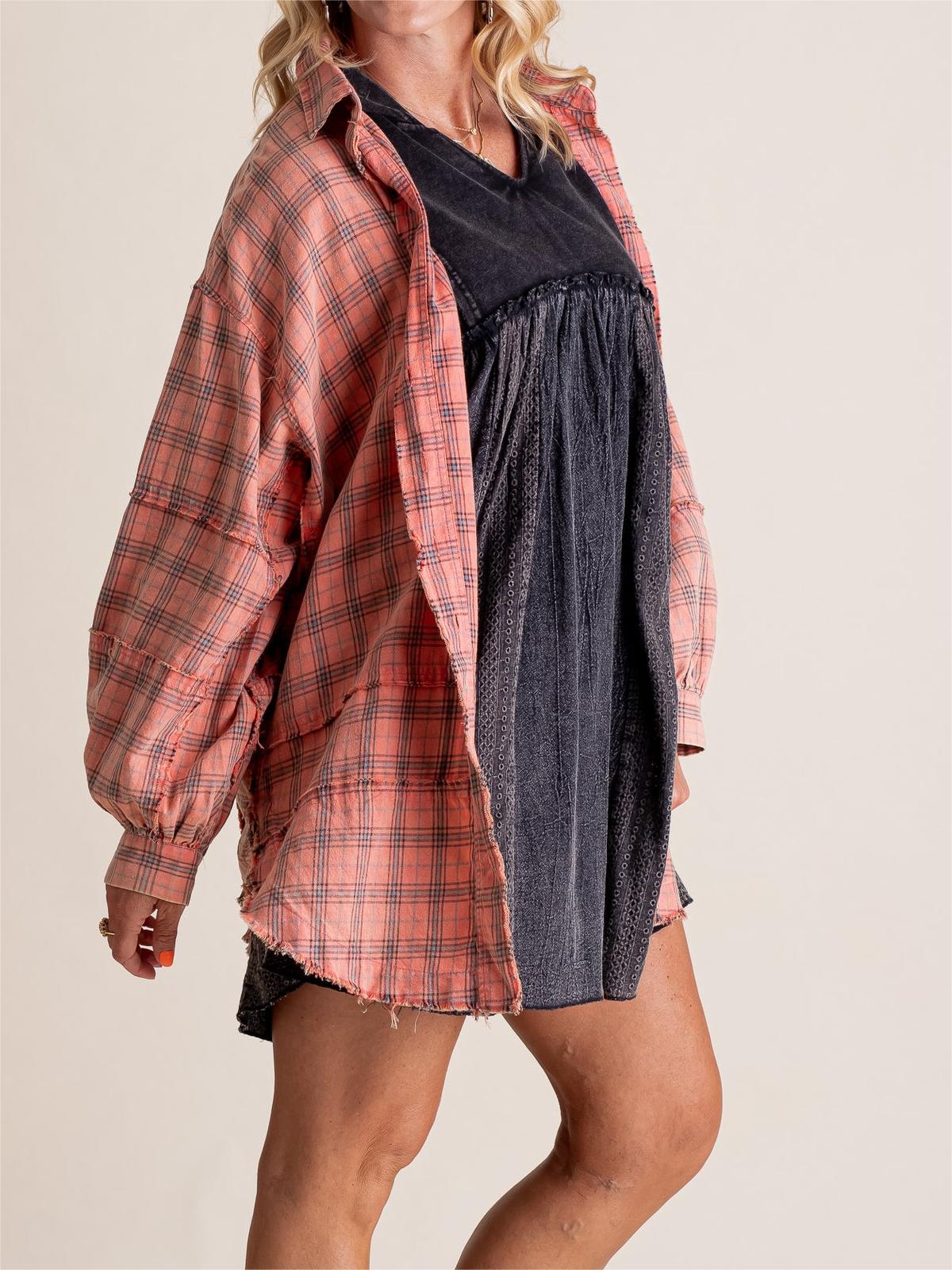 2024 Women's Mineral Washed Button Down Plaid Shirt with Pockets (Buy 2 Free Shipping)