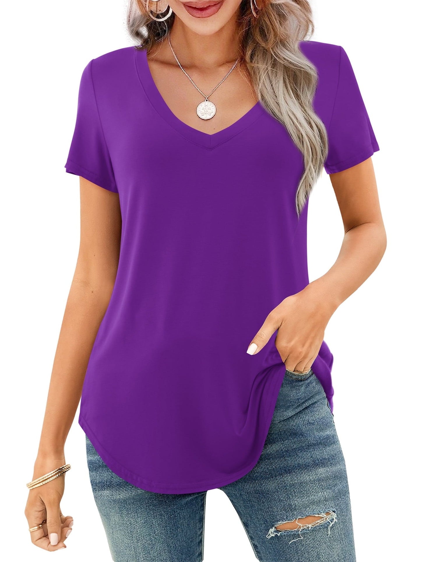 Limited time sale🔥Women's V-neck Short Sleeve Curved Hem Tee Top