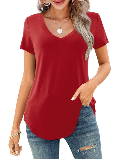 Limited time sale🔥Women's V-neck Short Sleeve Curved Hem Tee Top