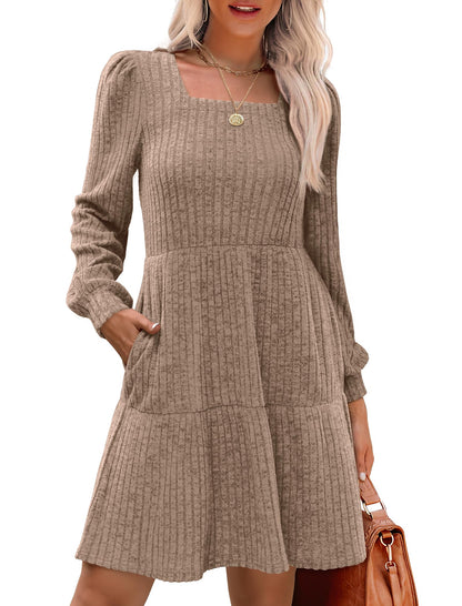 Limited time sale🔥Women's Square Neck Lantern Sleeve Ribbed Dress