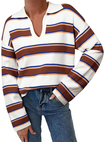 Women's V-neck Striped Oversized Sweater Pullover Top