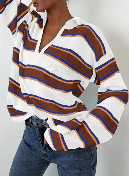 Women's V-neck Striped Oversized Sweater Pullover Top