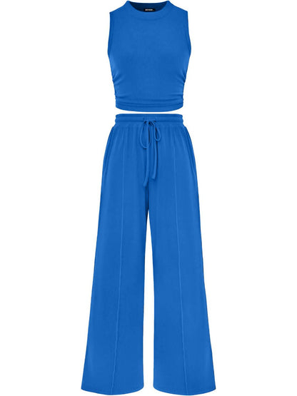 Limited time sale🔥Women Sleeveless Cropped Top Elastic Waist Wide Leg Pants 2 Piece Set