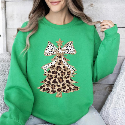 ✨Leopard Print Christmas Tree Dalmatian Bow Crewneck Sweatshirt