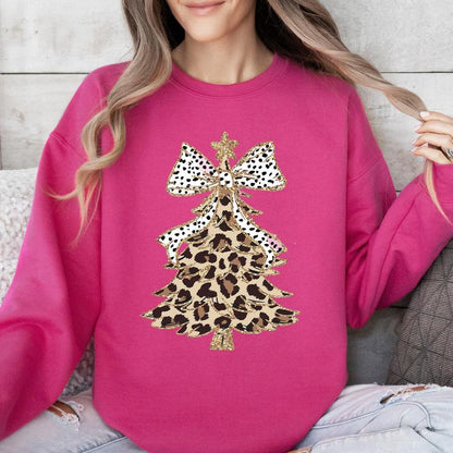 ✨Leopard Print Christmas Tree Dalmatian Bow Crewneck Sweatshirt