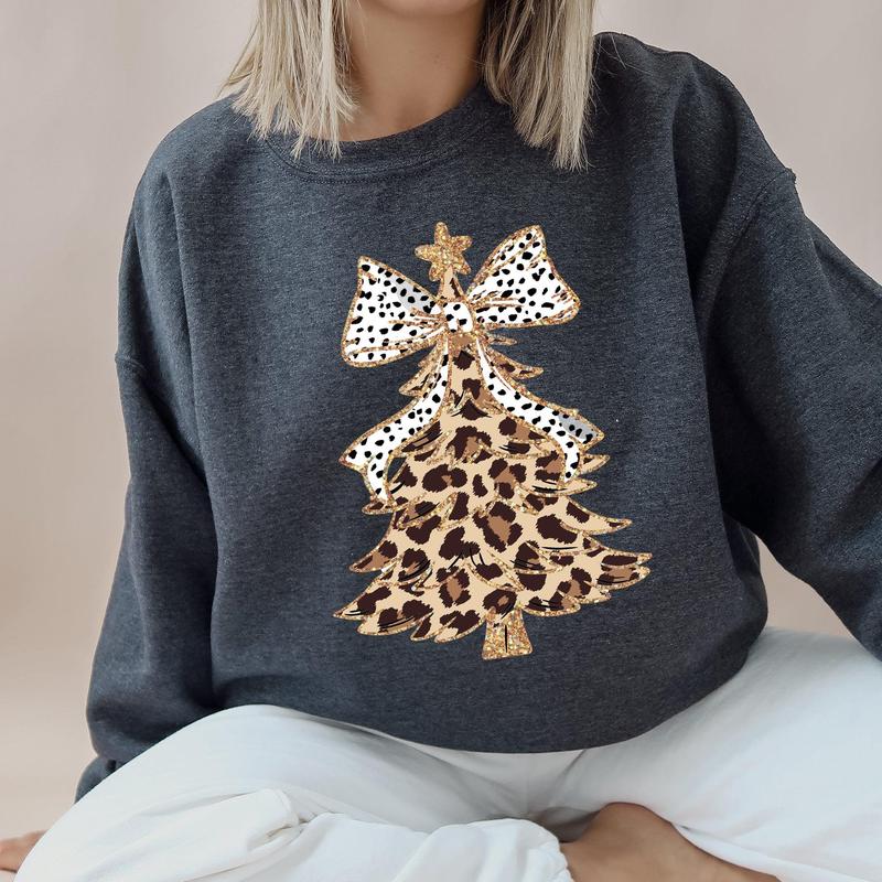 ✨Leopard Print Christmas Tree Dalmatian Bow Crewneck Sweatshirt