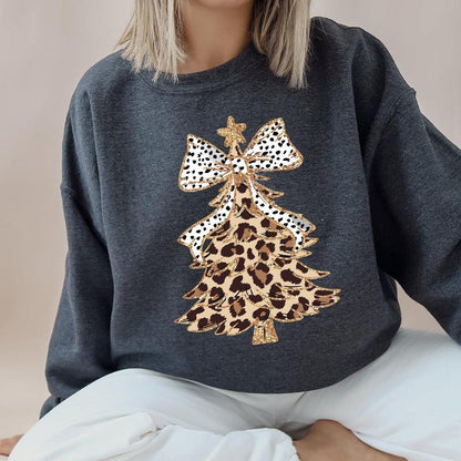 ✨Leopard Print Christmas Tree Dalmatian Bow Crewneck Sweatshirt