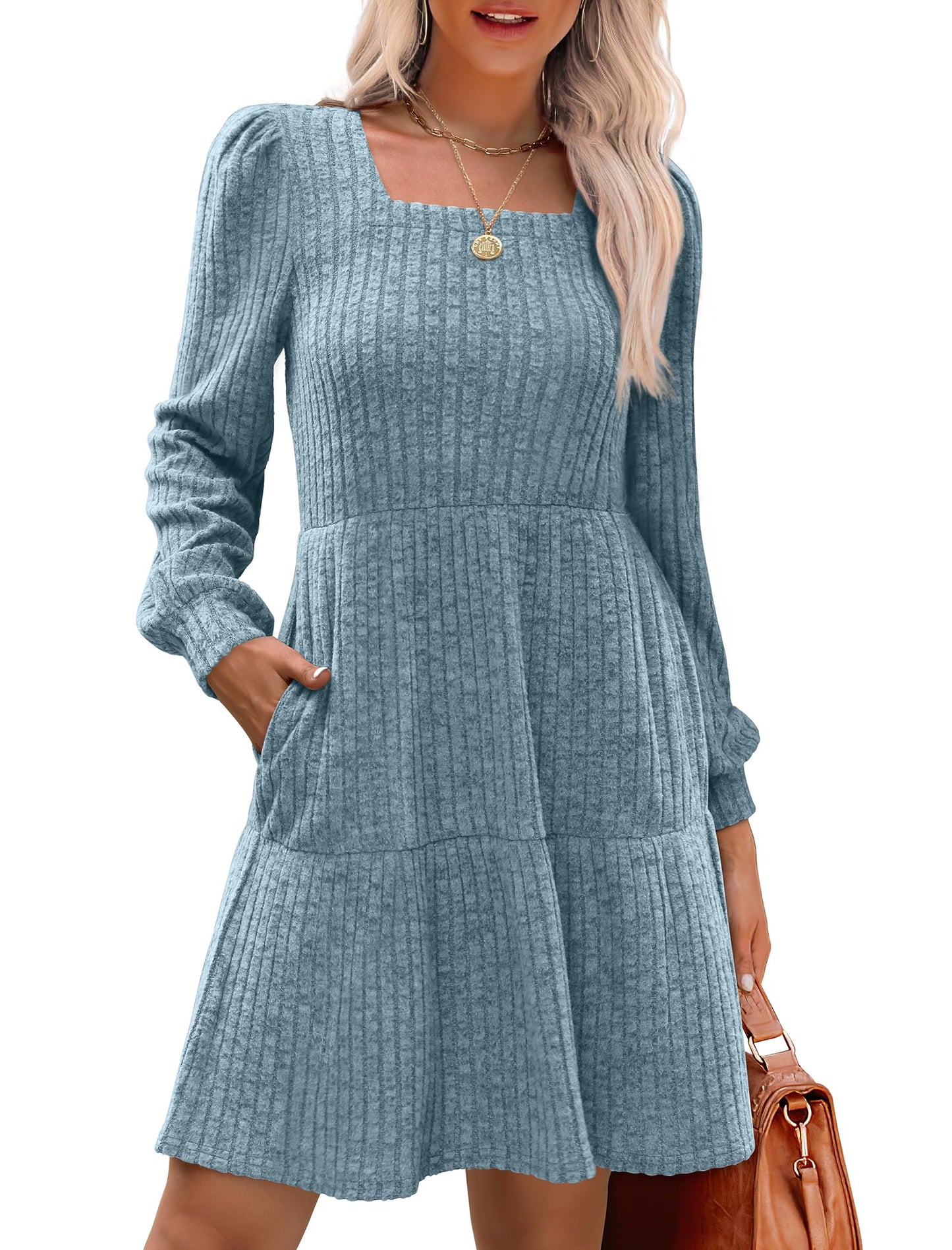 Limited time sale🔥Women's Square Neck Lantern Sleeve Ribbed Dress