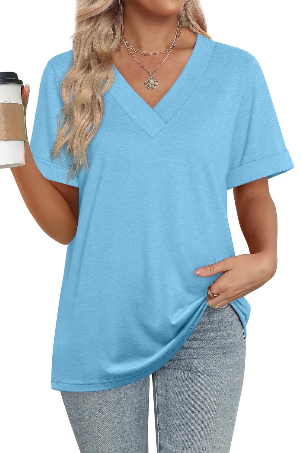 Women's Summer Tops Short Sleeve Basic Casual V Neck T Shirts
