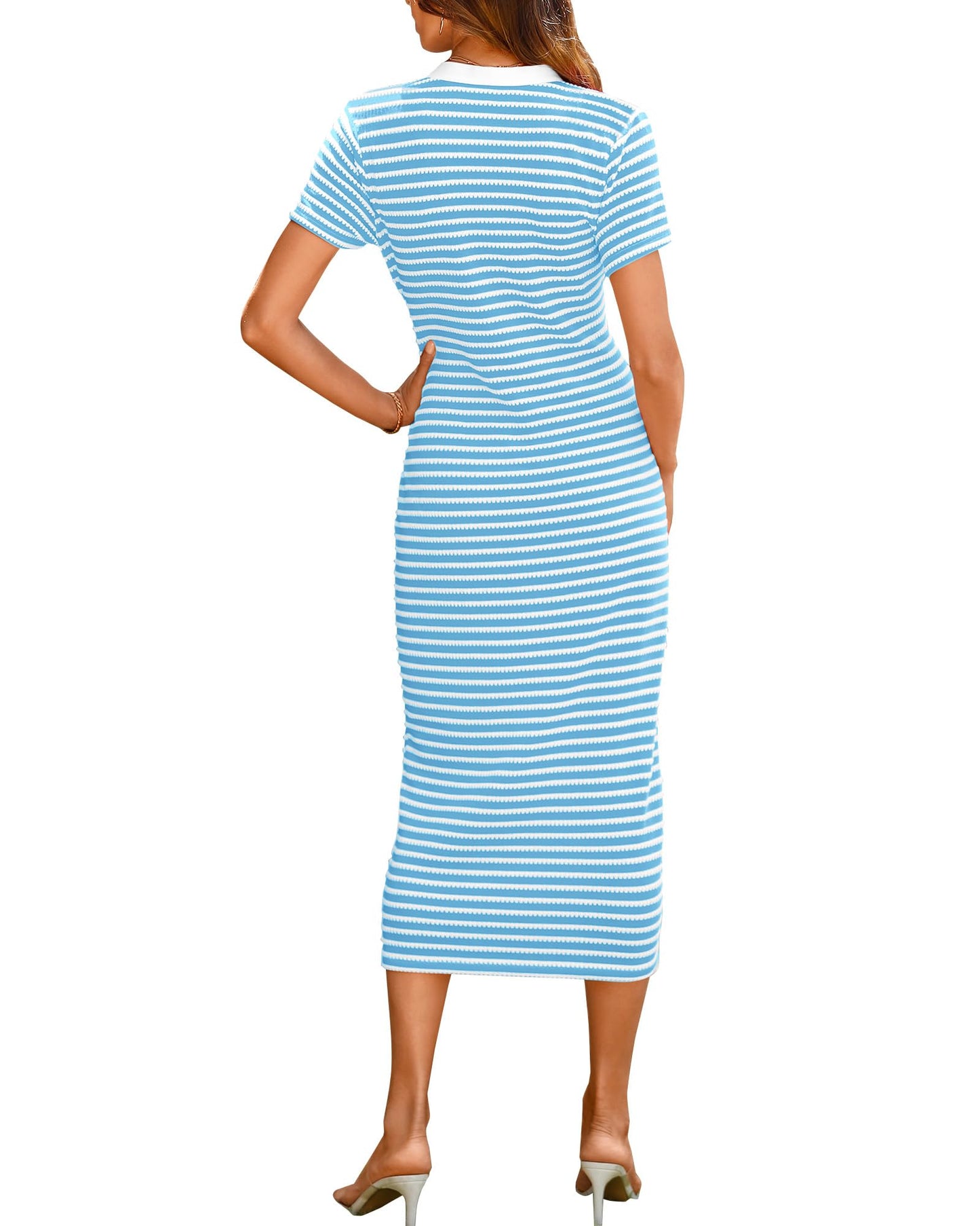 Women Casual  Dresses Short Sleeve Striped Midi Dresses(Buy 2 Free Shipping)