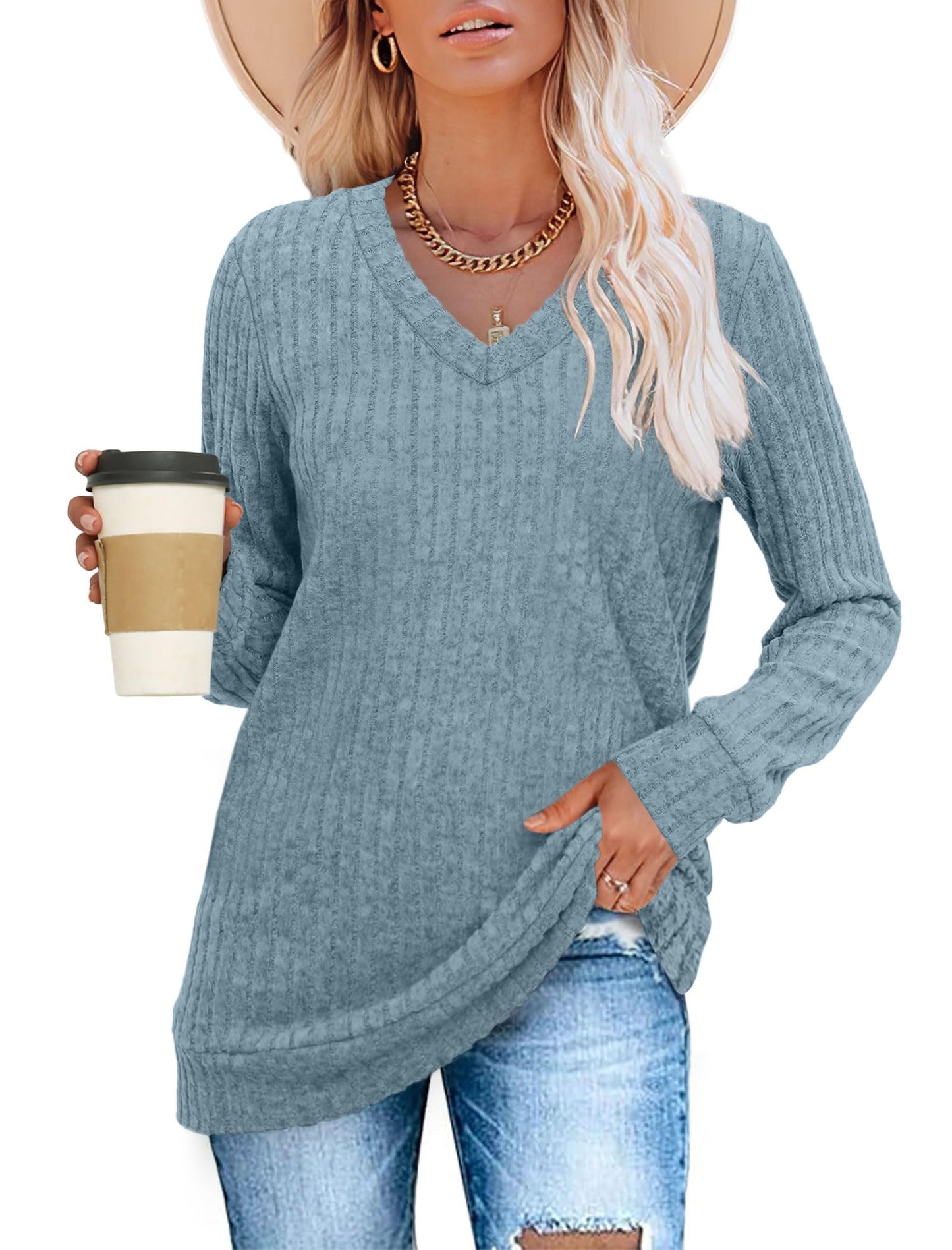 ✨Women's Casual V Neck Lightweight Tunic Sweateshirt