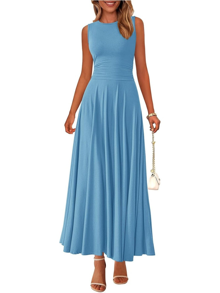 Women's Casual Sleeveless Crewneck Aline Maxi Dress