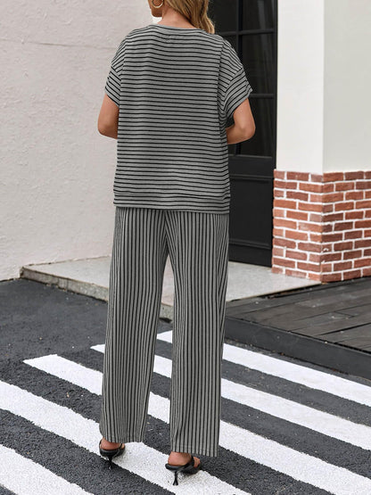 Limited time sale🔥Womens Striped 2 Piece Sets Short Sleeve T Shirts Wide Leg Pants with Pockets