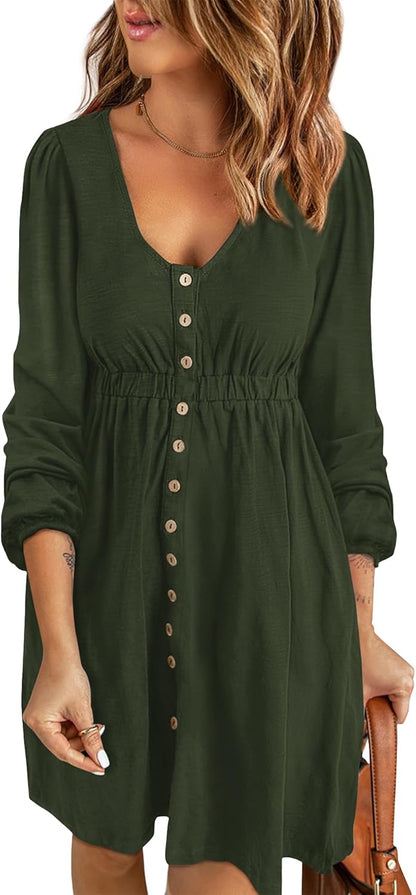 ✨Women  Button DownDresses Long Sleeve Crew Neck Solid  Dress