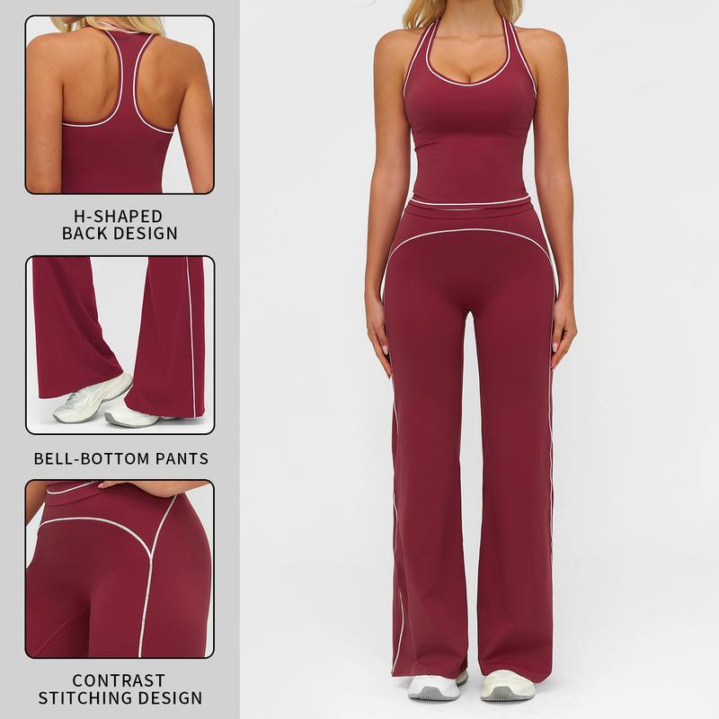 Women's Sporty Tracksuit Set-H-Shaped Back Design, Bell-Bottom Pants