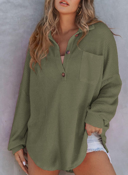 Autumn Women's Waffle Knit Henley V Neck Shirt Jacket