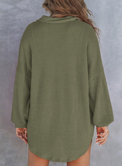 Autumn Women's Waffle Knit Henley V Neck Shirt Jacket