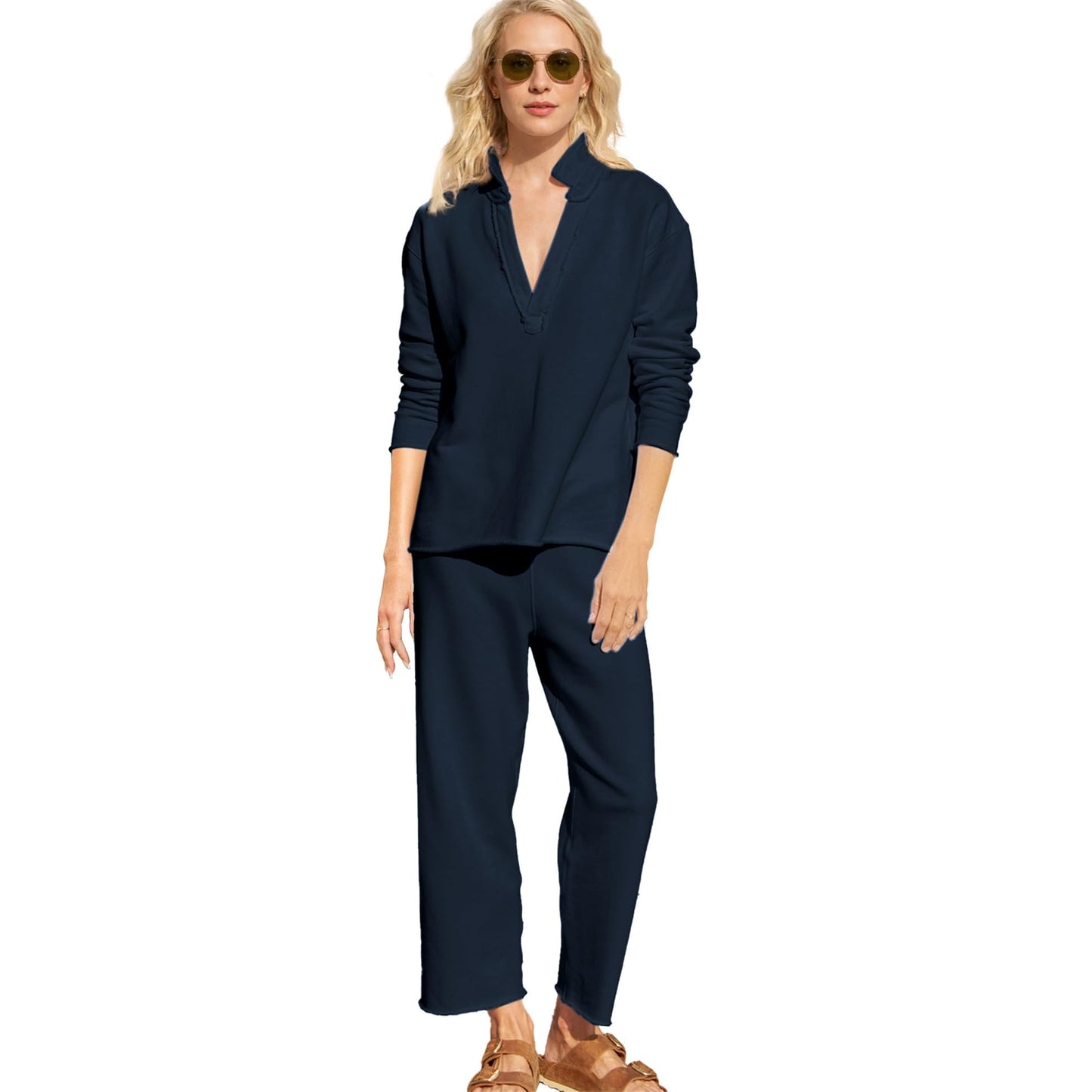 Women's V Neck Pullover Sweatshirts Wide Leg Pants Set